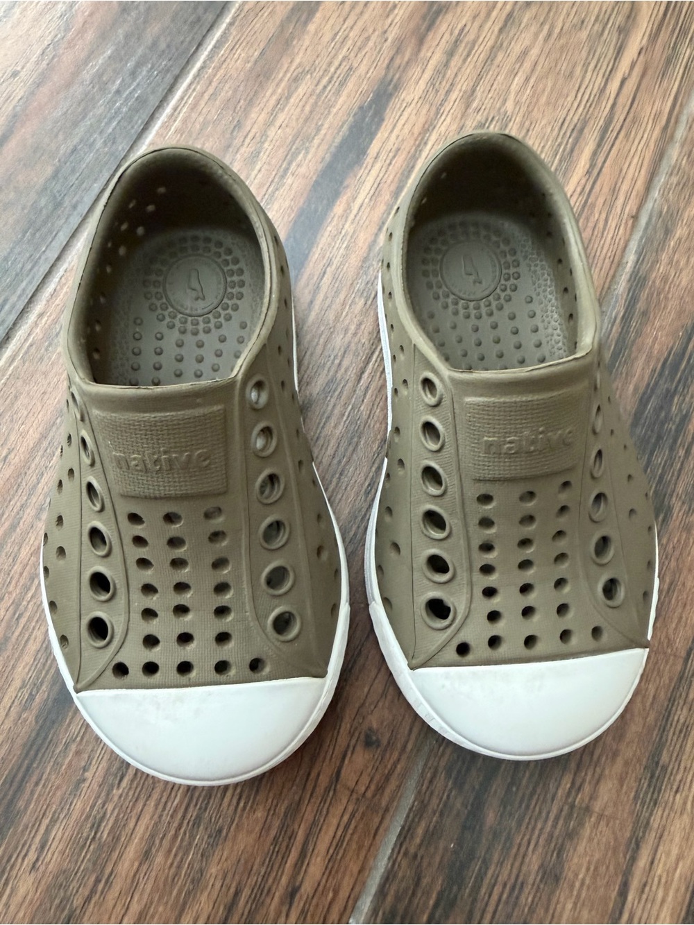 Native Kids Slip-On Water Shoes in Olive Green with White Toe